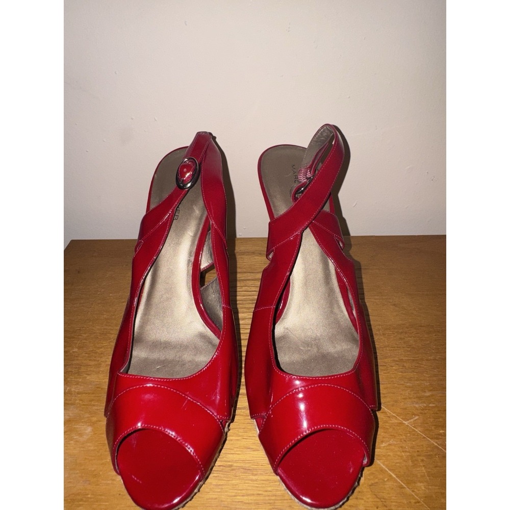 Marc Fisher Red Patent Leather Platform Peep Toe Heels Buckle Slingback